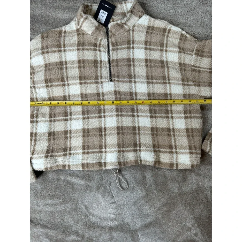 Fashion Nova Plaid Fleece Pullover Womens Cropped 1/2 Zip Teddy Sweater M